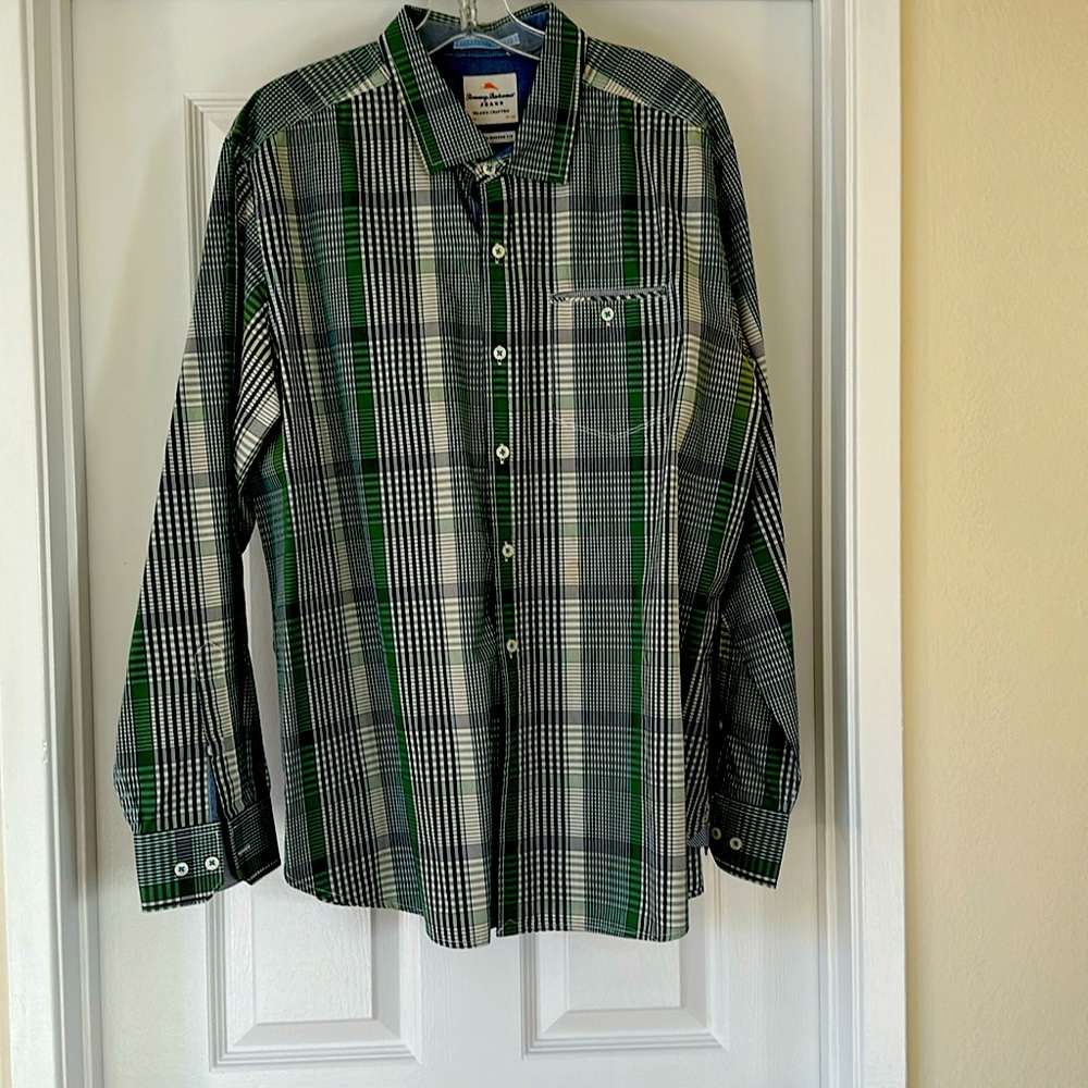 Tommy Bahama, long sleeved jeans, island crafted island, modern fit plaid shirt